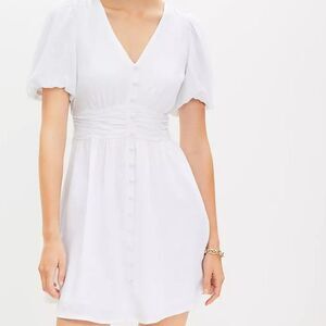 NWT LOFT 14 White Linen Blend Button Front V Neck Women's Dress